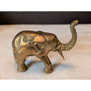 Brass Elephant Figurine Trunk Up Brass Animal ~ 5" x 3.5" Mid Century Sculpture